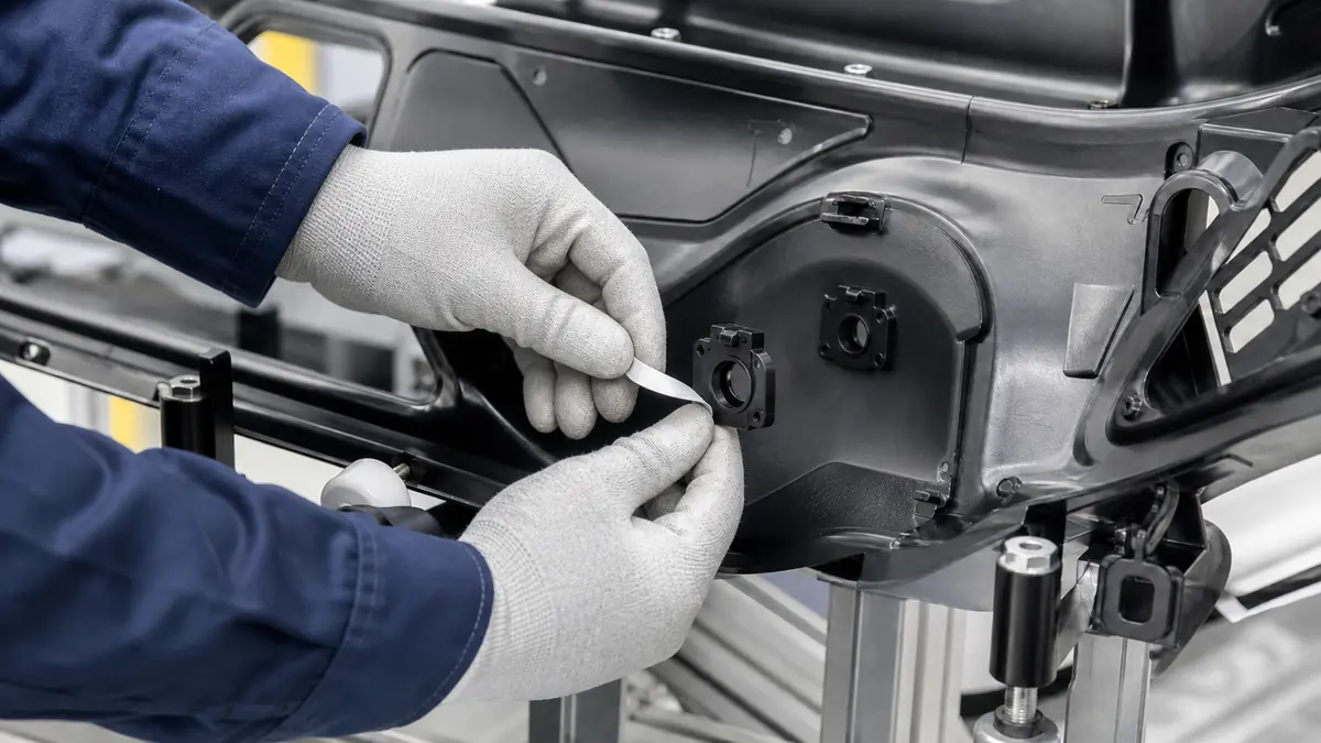 Automotive technician aligning a custom die-cut adhesive ring on a parking sensor bracket